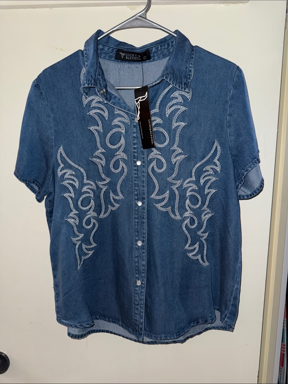 Lucky & Blessed Blue Denim Short-Sleeve Embroidered Shirt